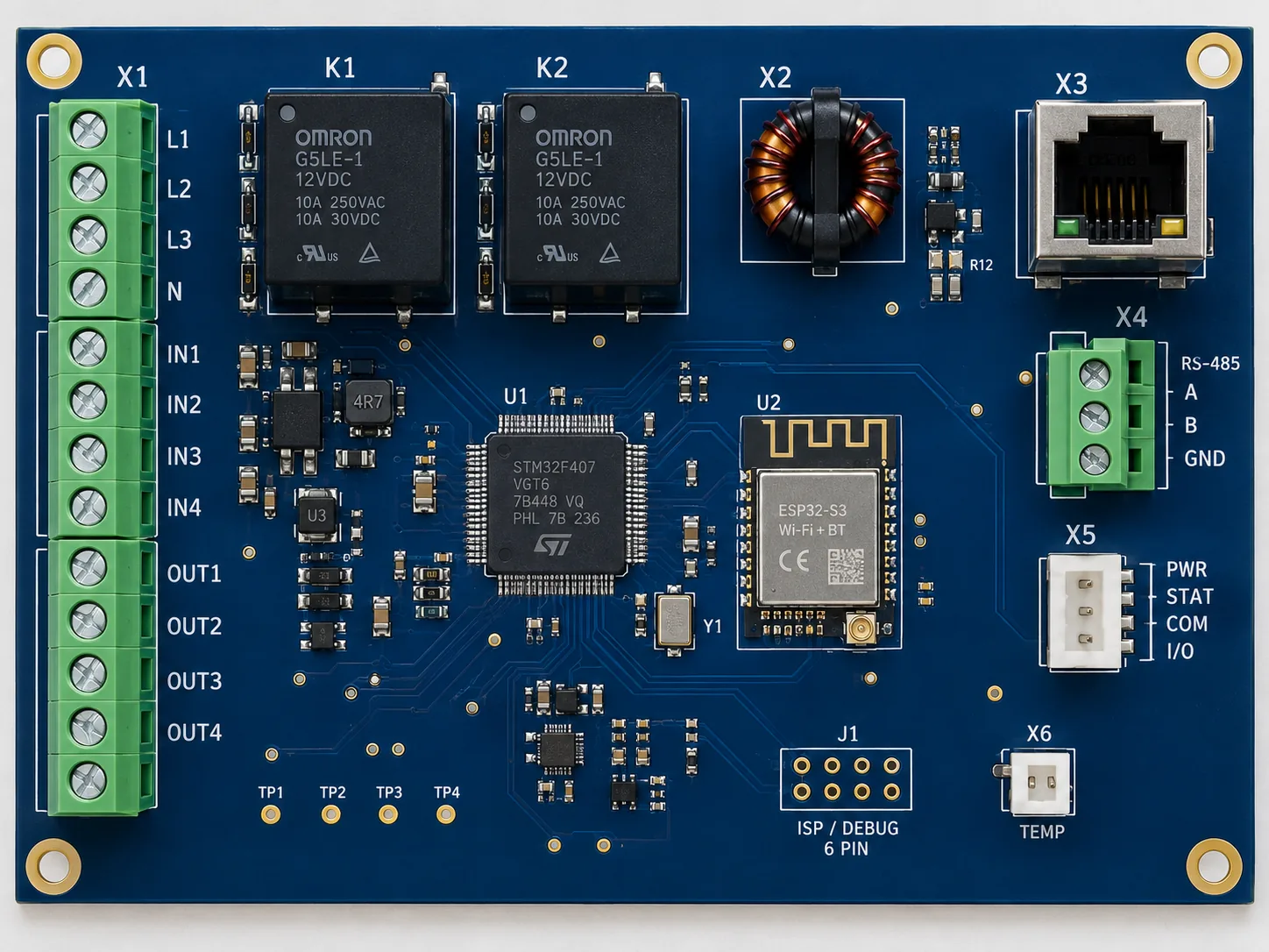 Controller board, component side, with application point markers